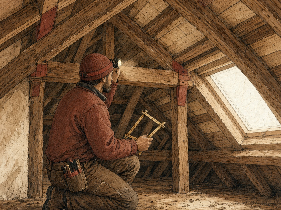 Un artisan inspecte une charpente sous les combles, lampe frontale et mètre en main